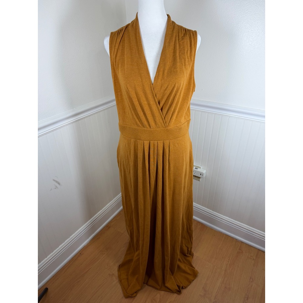 Soft Surroundings Maxi Dress Women XL Mustard Yellow Surplice V-Neck Pockets